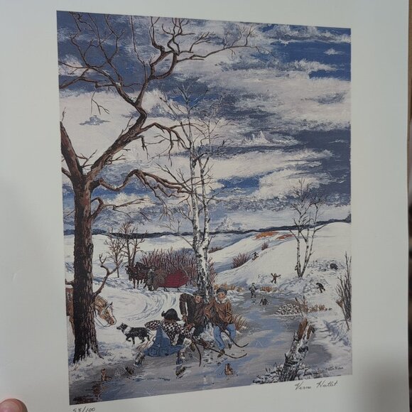Verna E. Hutlet Winter Pond Hockey Print Numbered 58/100 Signed - Picture 1 of 9